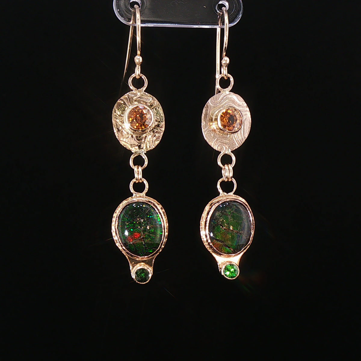 Handmade 14KGold Canadian Ammolite Drop Earrings with Golden Zircon and Tsavorite