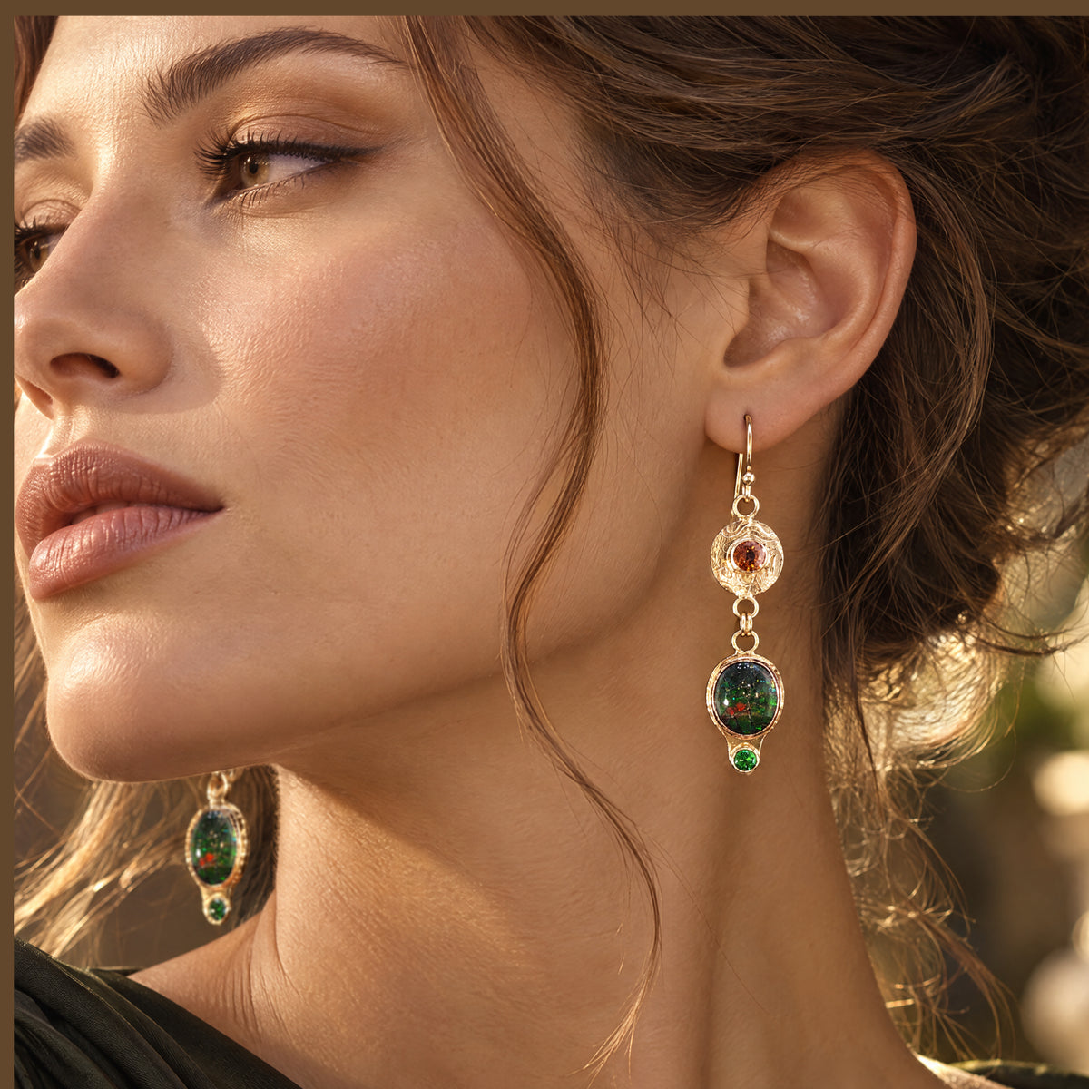 Handmade 14KGold Canadian Ammolite Drop Earrings with Golden Zircon and Tsavorite