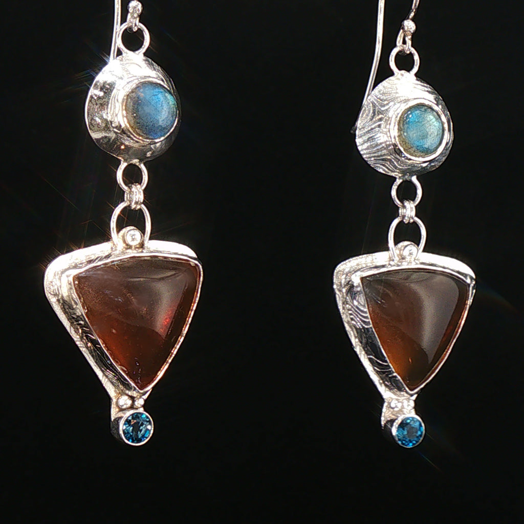 Organic Amber, Labradorite, London Blue Topaz Sterling Dangle Earrings