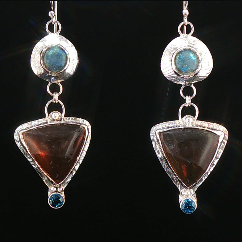 Organic Amber, Labradorite, London Blue Topaz Sterling Dangle Earrings
