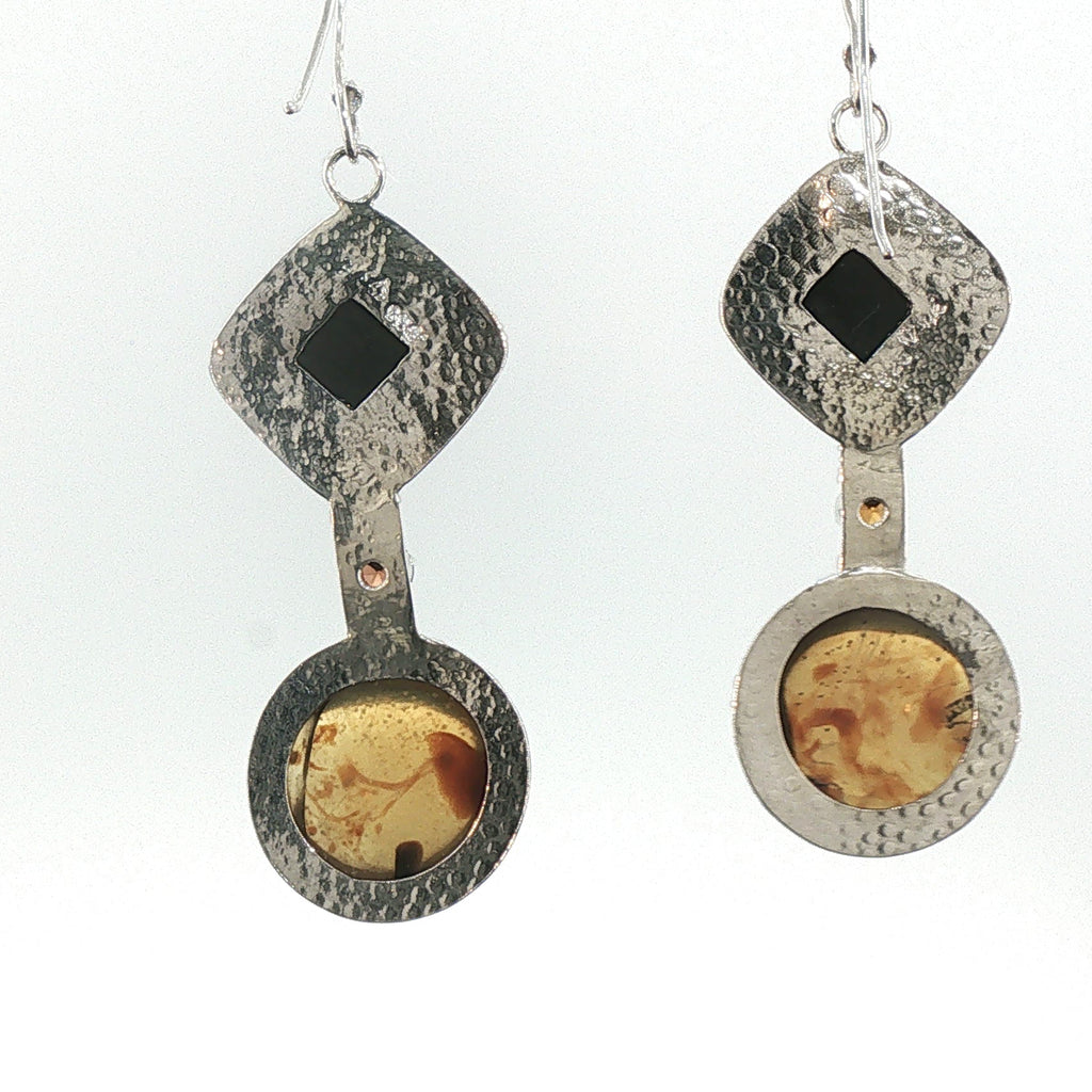 Black Petrified Wood & Amber Geometric Dangle Earrings in Sterling Silver