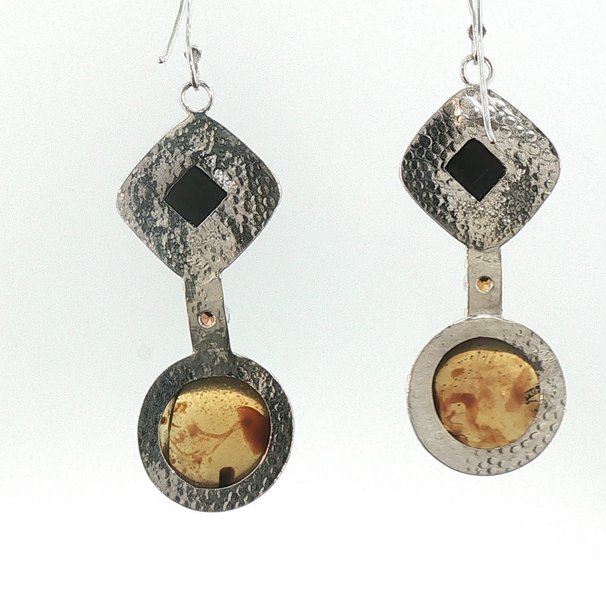 Black Petrified Wood & Amber Geometric Dangle Earrings in Sterling Silver