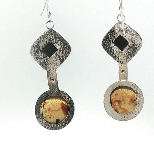 Black Petrified Wood & Amber Geometric Dangle Earrings in Sterling Silver