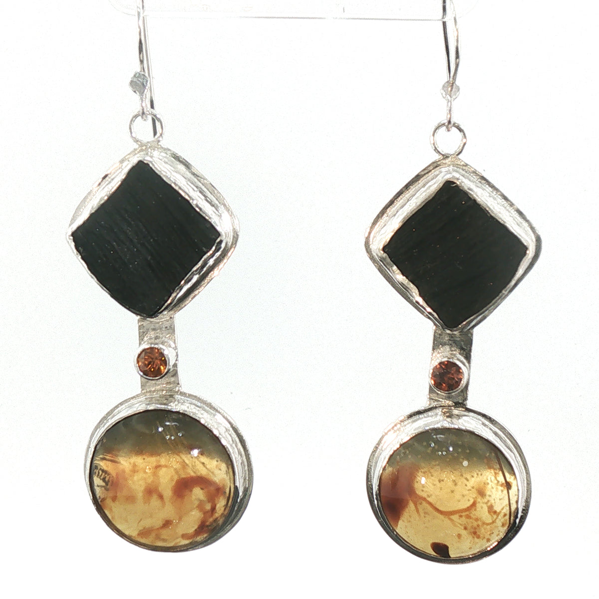 Black Petrified Wood & Amber Geometric Dangle Earrings in Sterling Silver
