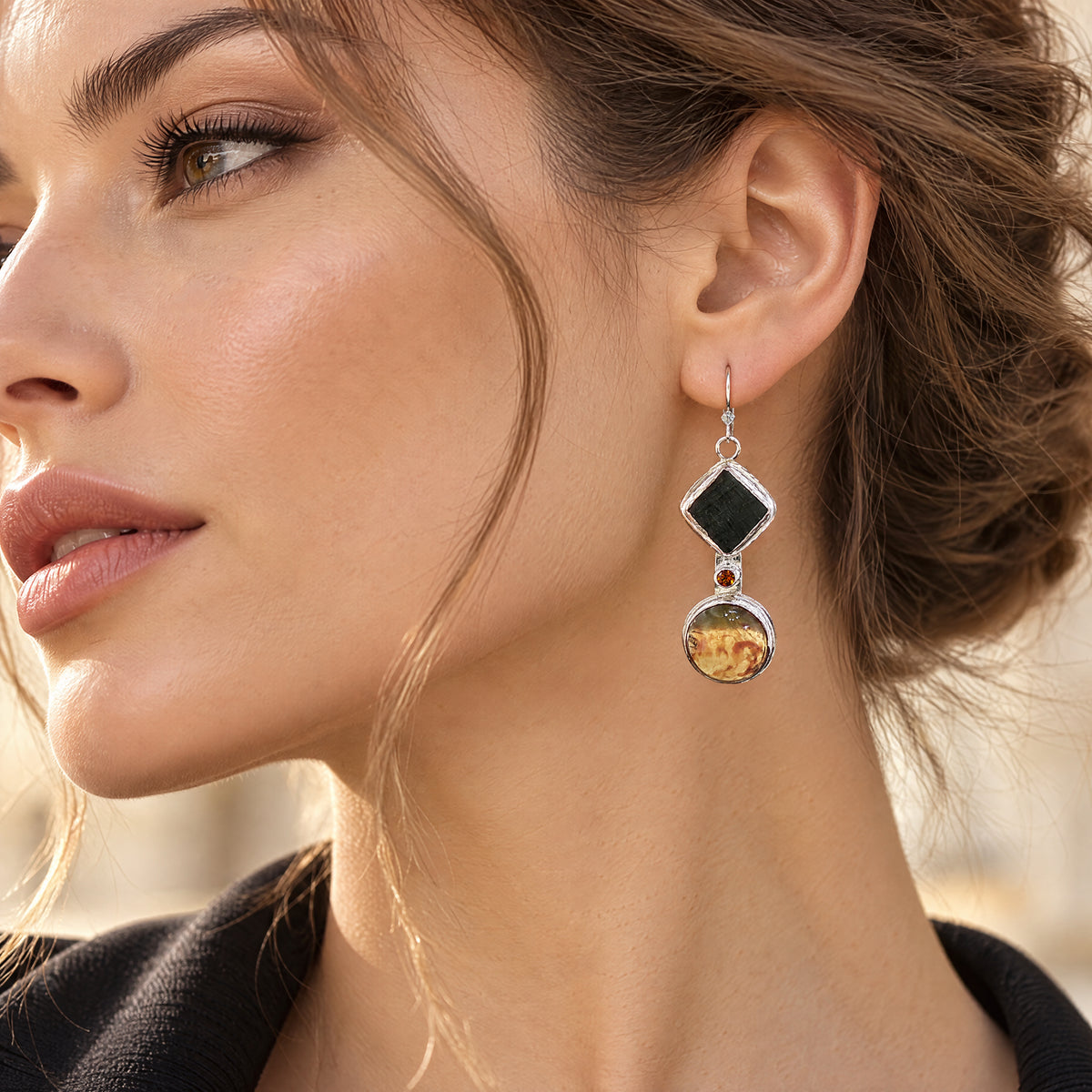 Black Petrified Wood & Amber Geometric Dangle Earrings in Sterling Silver