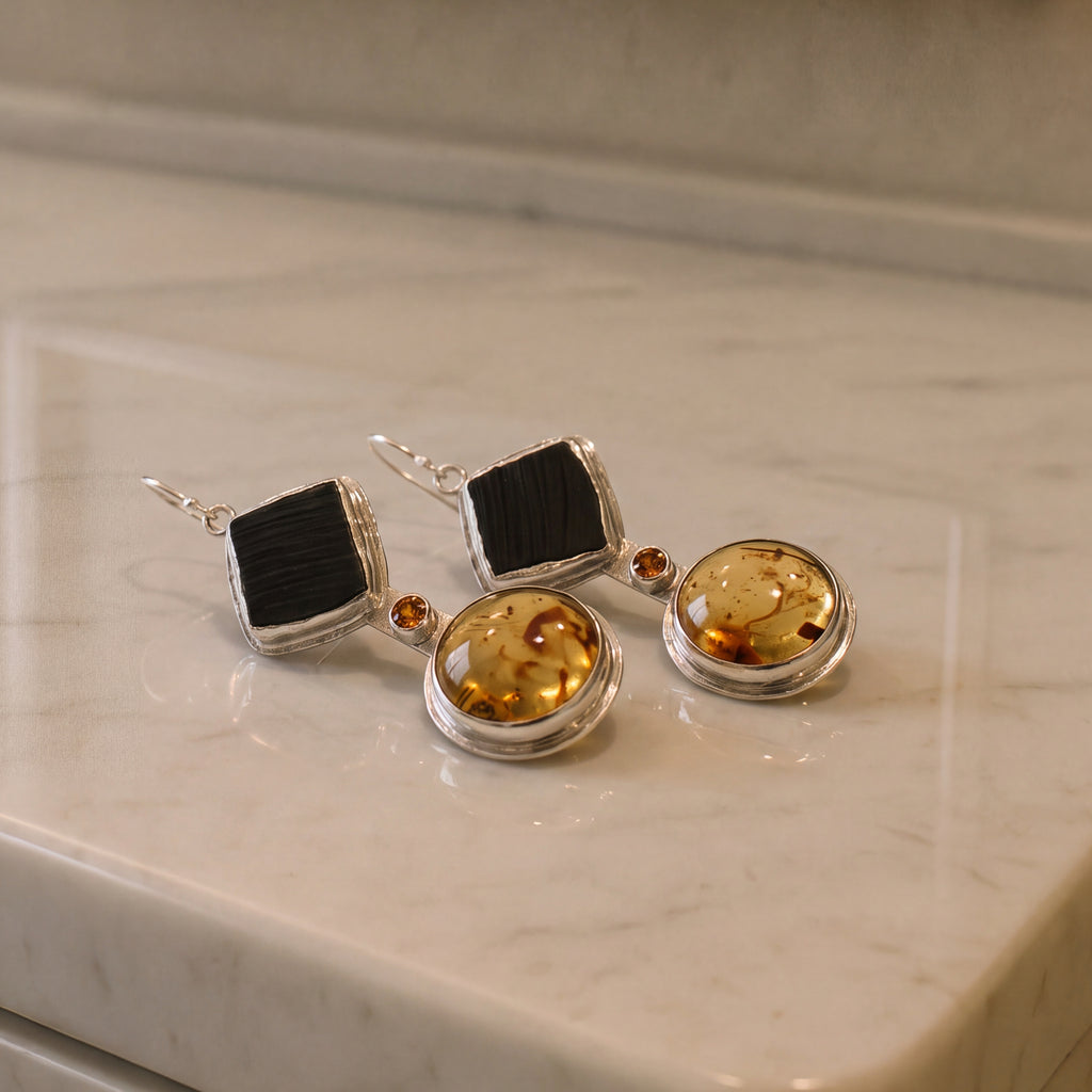 Black Petrified Wood & Amber Geometric Dangle Earrings in Sterling Silver