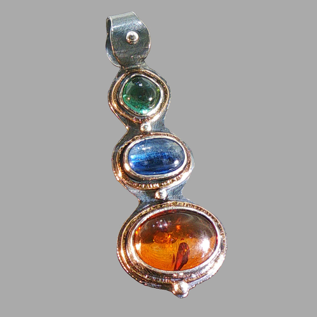 Handcrafted Sterling & 22K Gold Statement Necklace - Detachable Baltic Amber, Kyanite & Tourmaline Pendant - Sterling Chain