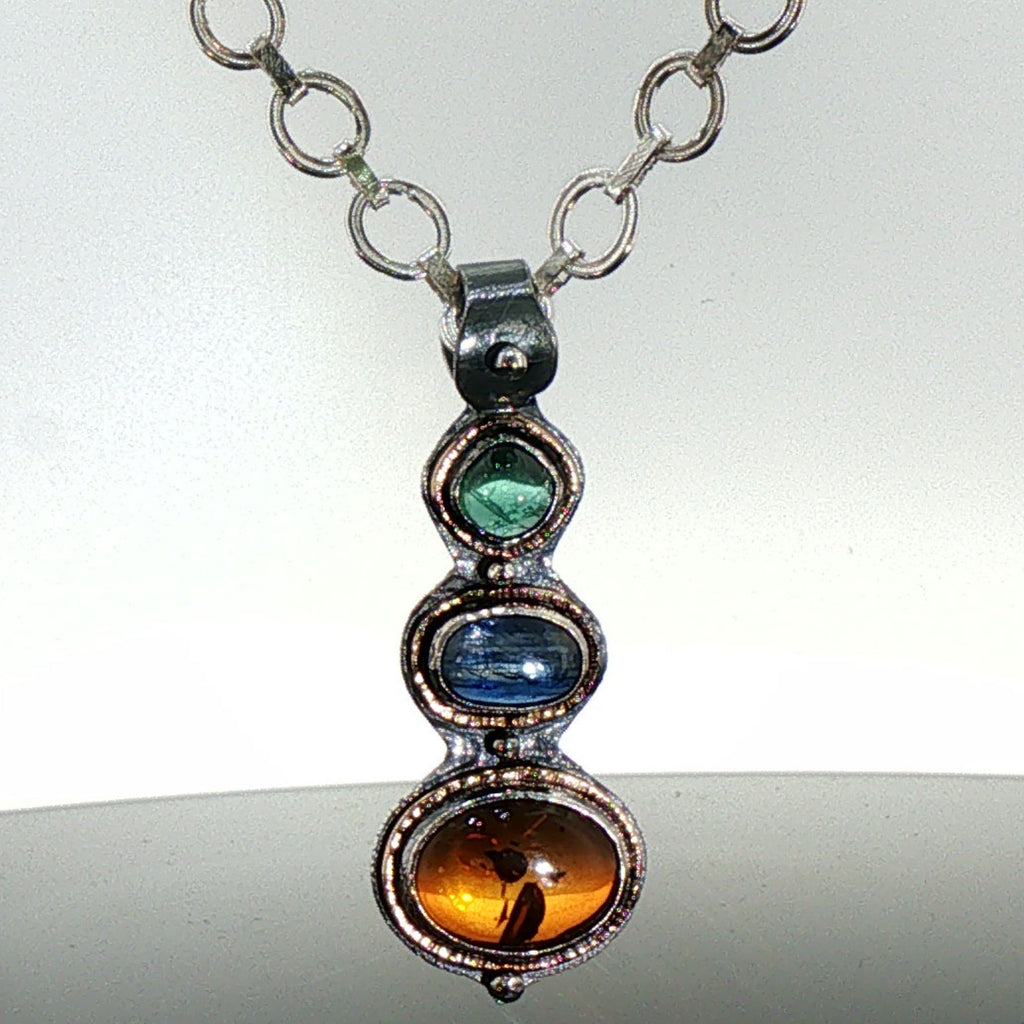 Handcrafted Sterling & 22K Gold Statement Necklace - Detachable Baltic Amber, Kyanite & Tourmaline Pendant - Sterling Chain