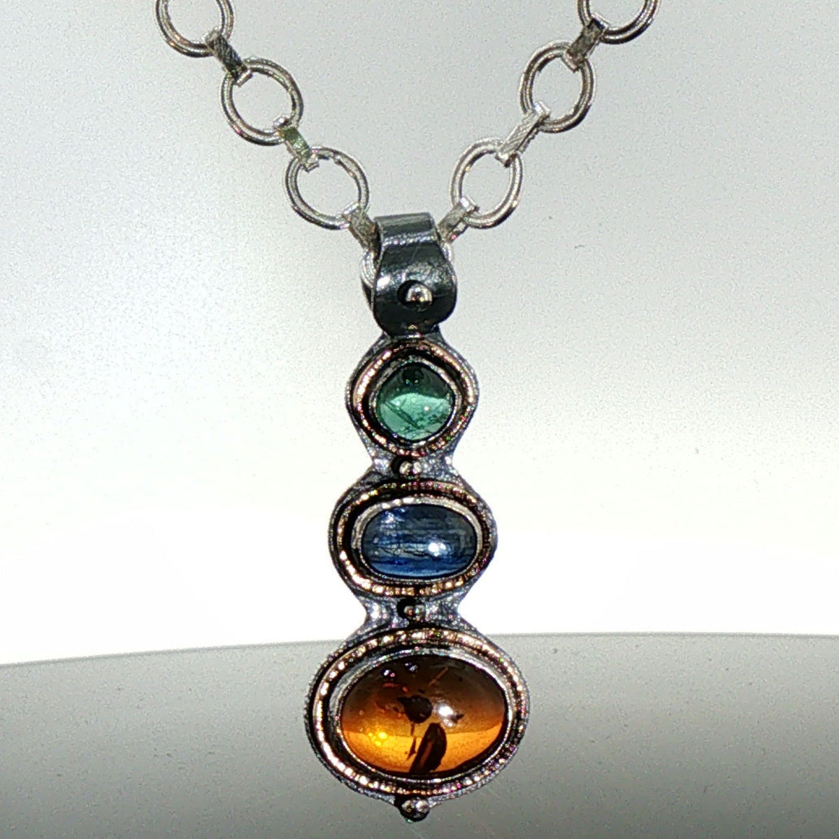 Handcrafted Sterling & 22K Gold Statement Necklace - Detachable Baltic Amber, Kyanite & Tourmaline Pendant - Sterling Chain