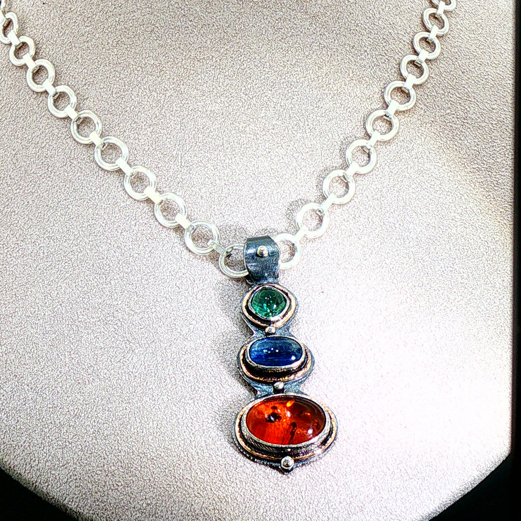 Handcrafted Sterling & 22K Gold Statement Necklace - Detachable Baltic Amber, Kyanite & Tourmaline Pendant - Sterling Chain