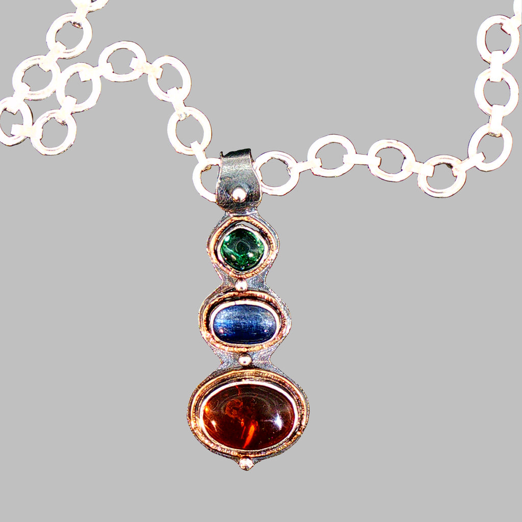 Handcrafted Sterling & 22K Gold Statement Necklace - Detachable Baltic Amber, Kyanite & Tourmaline Pendant - Sterling Chain