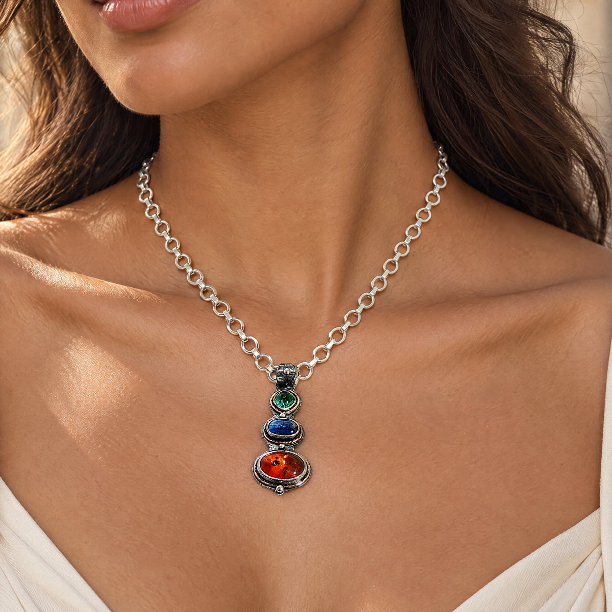 Handcrafted Sterling & 22K Gold Statement Necklace - Detachable Baltic Amber, Kyanite & Tourmaline Pendant - Sterling Chain