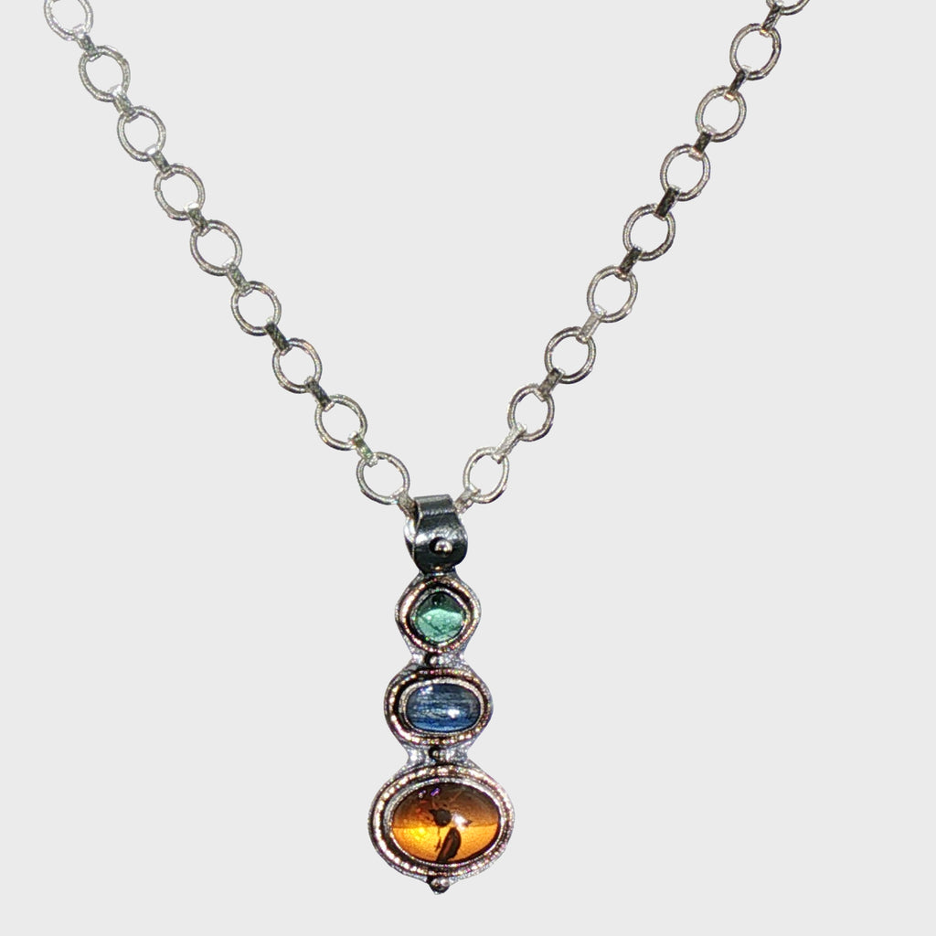 Handcrafted Sterling & 22K Gold Statement Necklace - Detachable Baltic Amber, Kyanite & Tourmaline Pendant - Sterling Chain