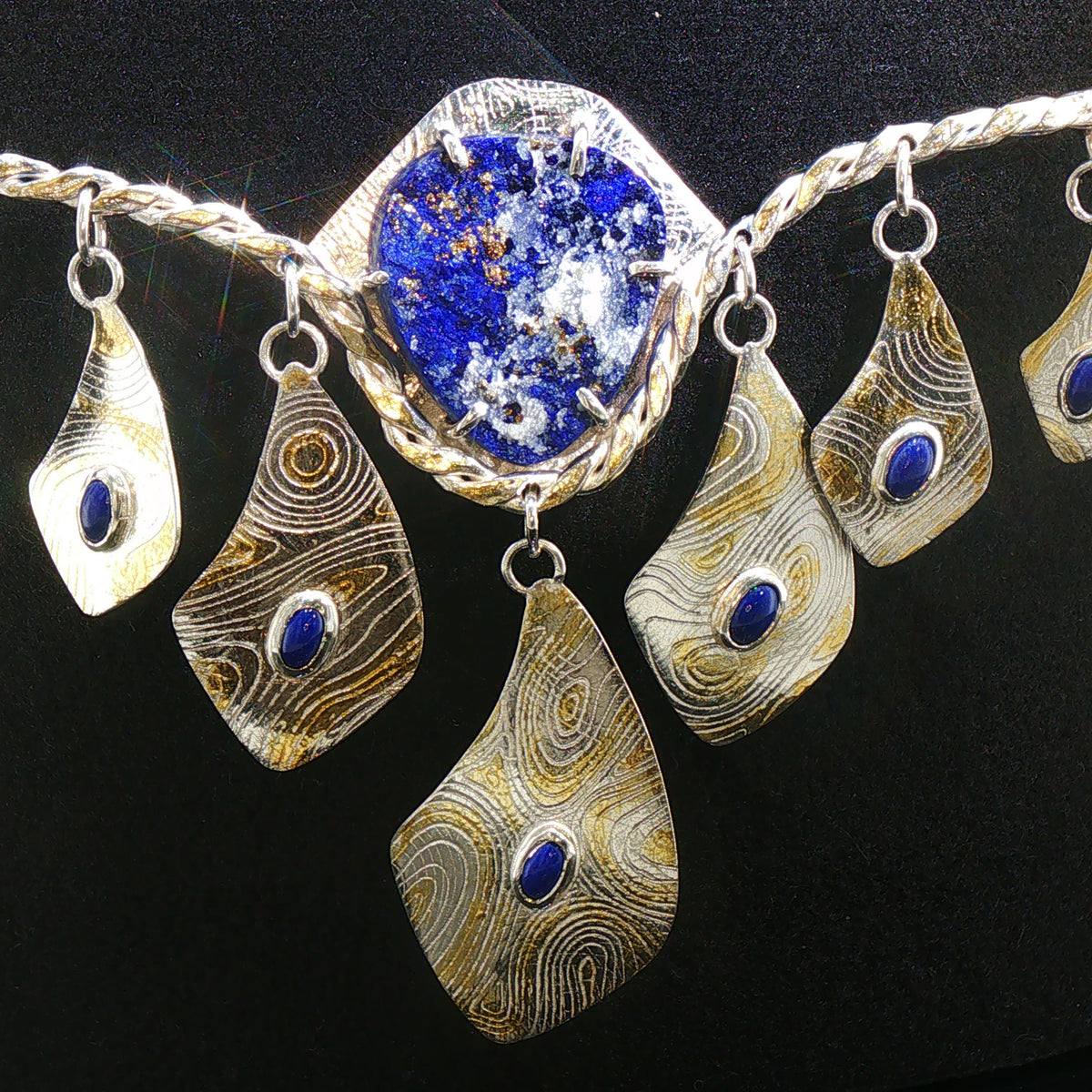 Exotic, Handcrafted Lapis Lazuli, Scroll Charm Necklace - 24K Gold Powder Fused Sterling