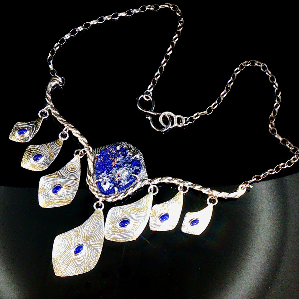 Exotic, Handcrafted Lapis Lazuli, Scroll Charm Necklace - 24K Gold Powder Fused Sterling