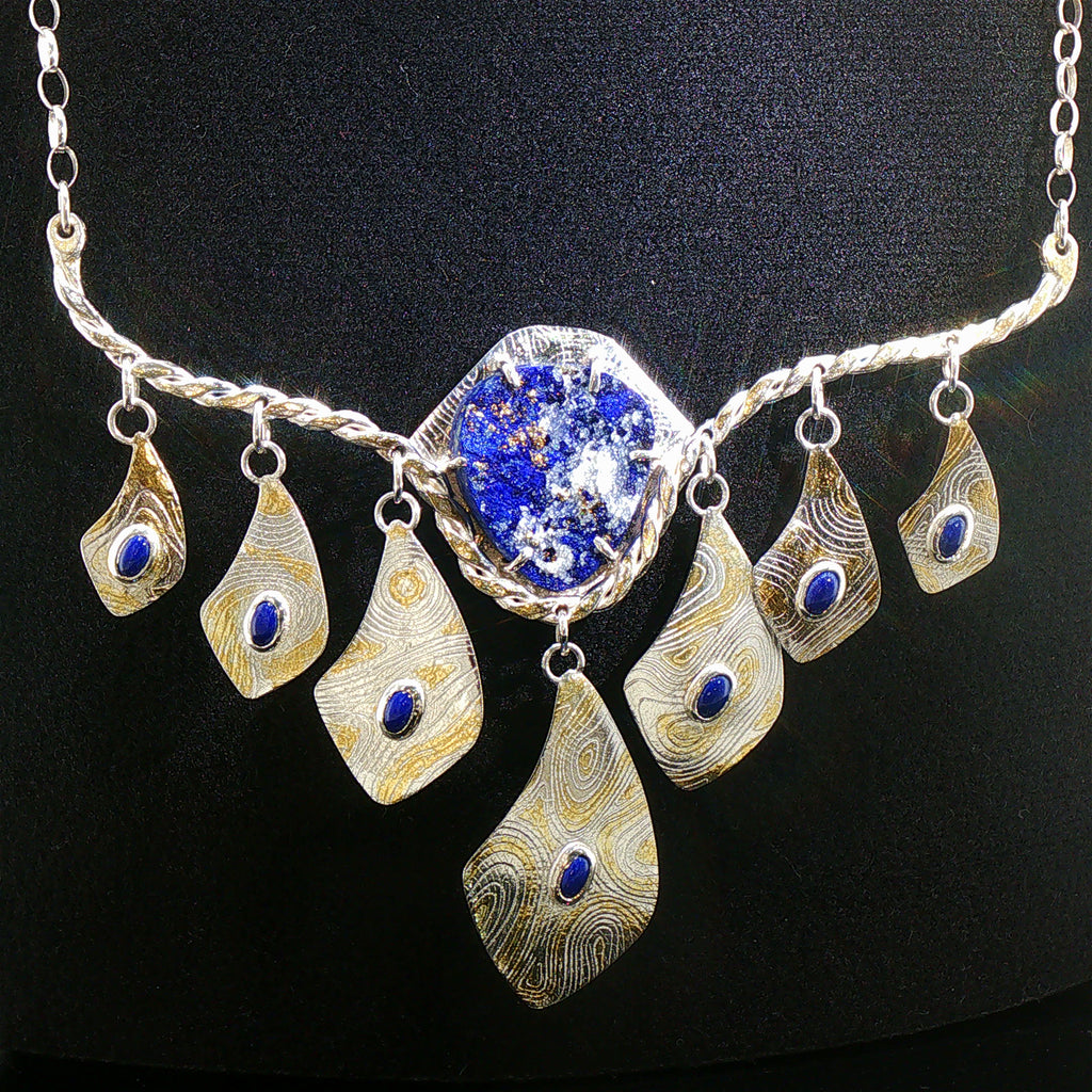 Exotic, Handcrafted Lapis Lazuli, Scroll Charm Necklace - 24K Gold Powder Fused Sterling