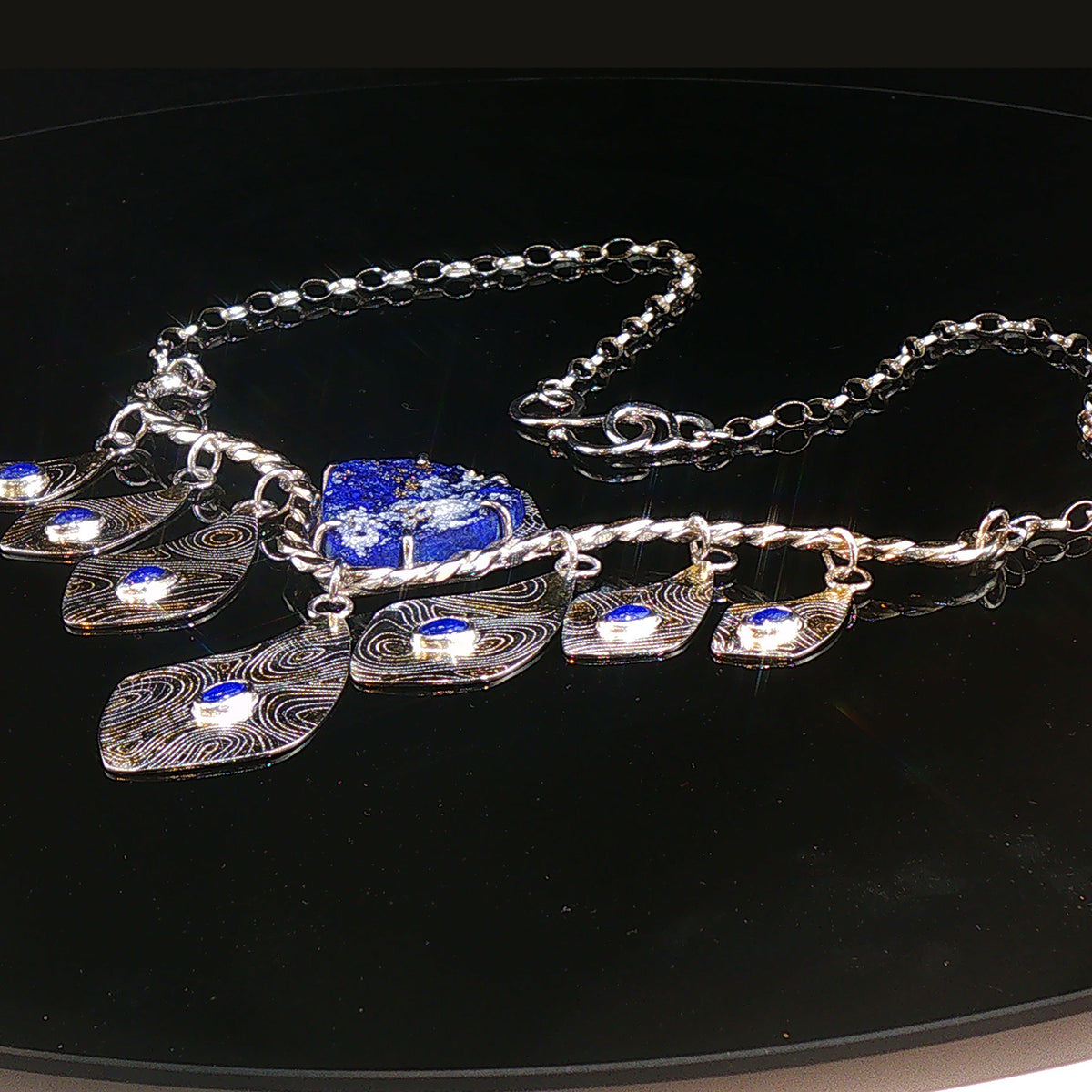 Exotic, Handcrafted Lapis Lazuli, Scroll Charm Necklace - 24K Gold Powder Fused Sterling