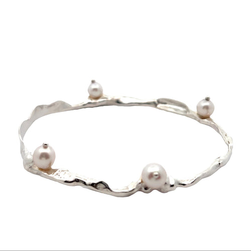 Artisanal Akoya Pearl Adorned Fused Sterling Bangle