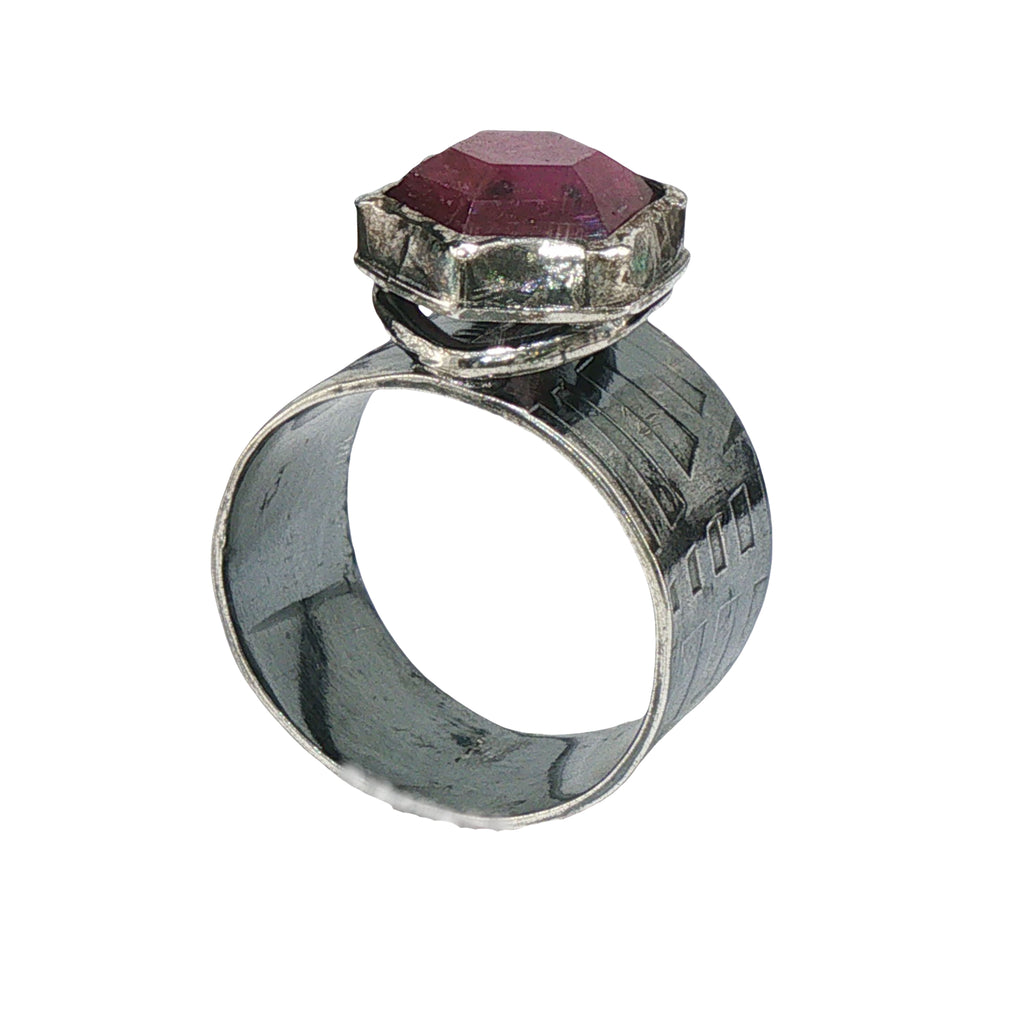 Hexagonal Pink Silk Sapphire Textured Sterling Ring