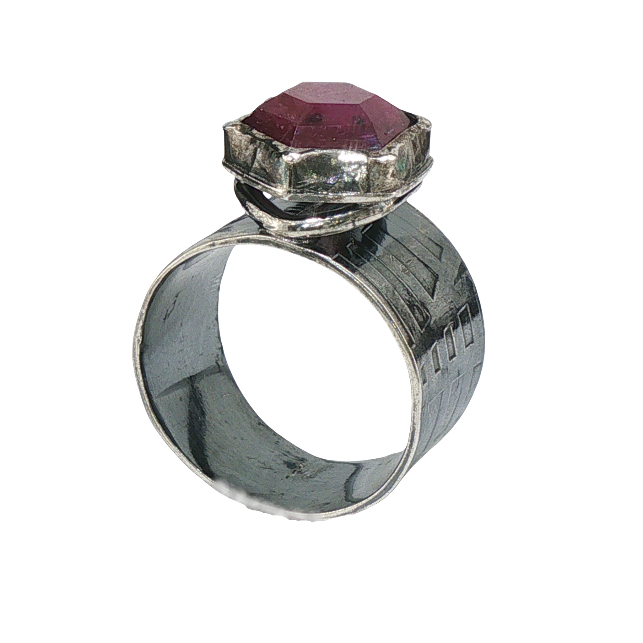Hexagonal Pink Silk Sapphire Textured Sterling Ring