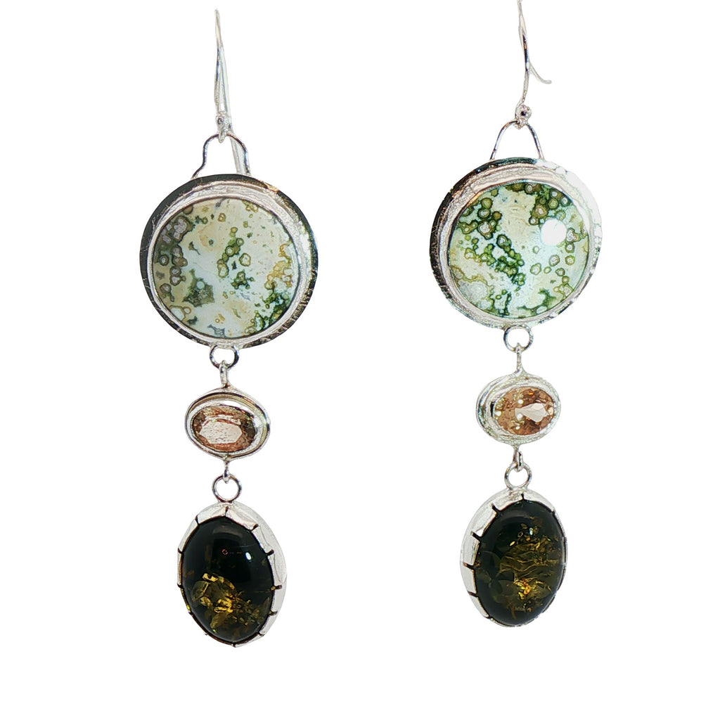 Earth & Sun Artisan Earring Dangles/Orbicular Jasper, Sunstone, Green Amber