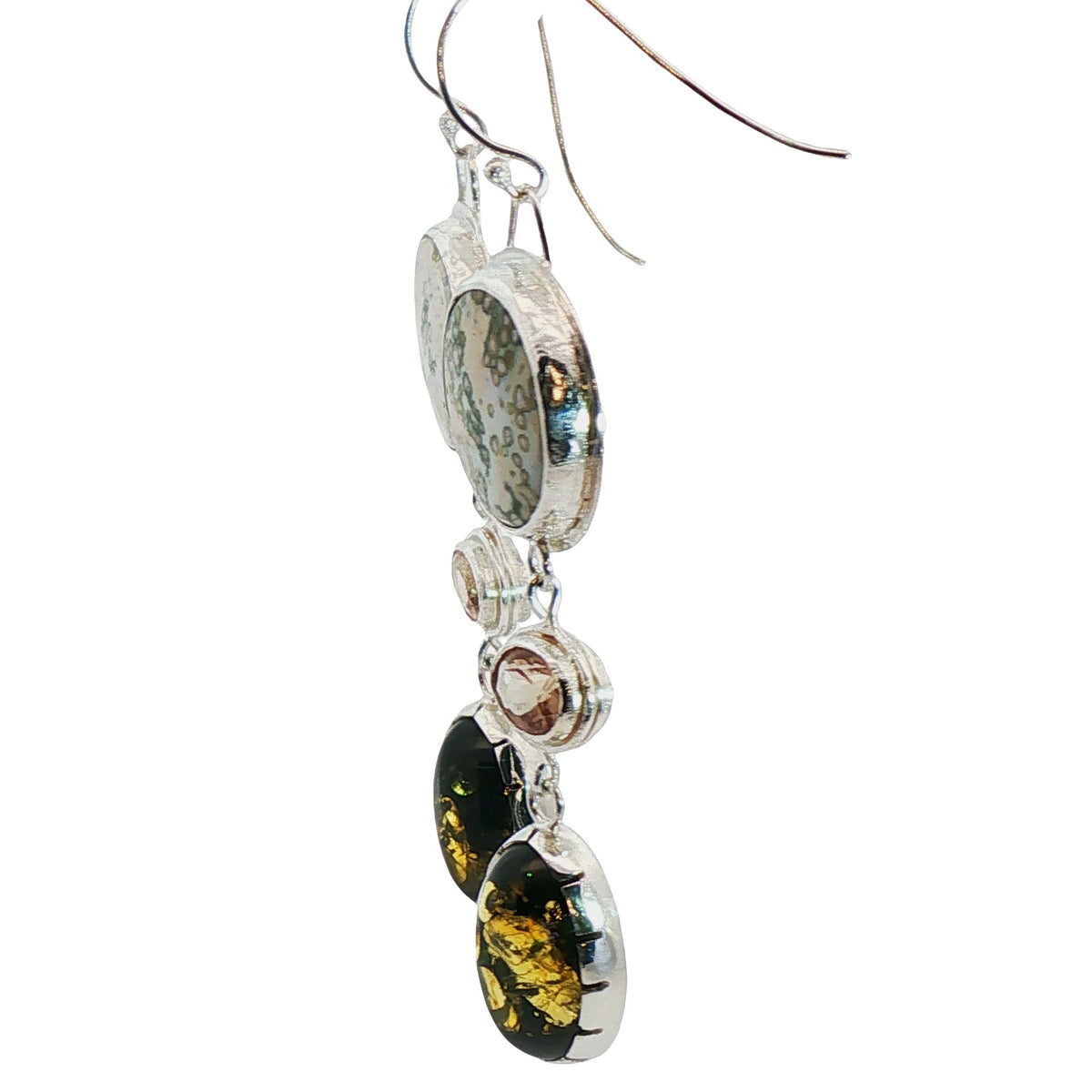 Earth & Sun Artisan Earring Dangles/Orbicular Jasper, Sunstone, Green Amber