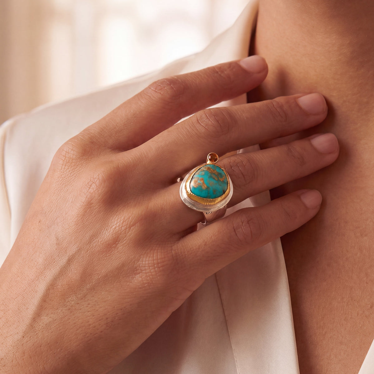 Stunning Carico Lake Turquoise/Fire Citrine/Mixed Metal Ring