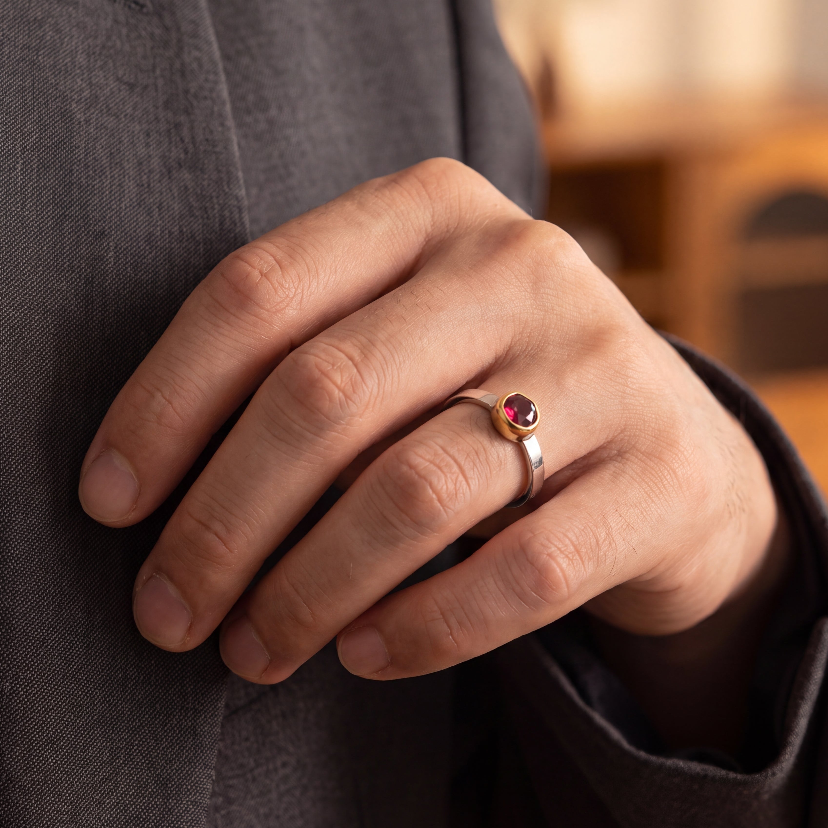 Natural Umba Garnet, Mixed Metal Stacking Ring
