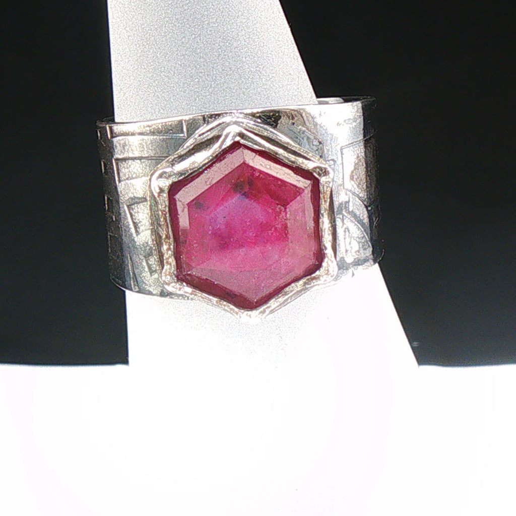 Hexagonal Pink Silk Sapphire Textured Sterling Ring