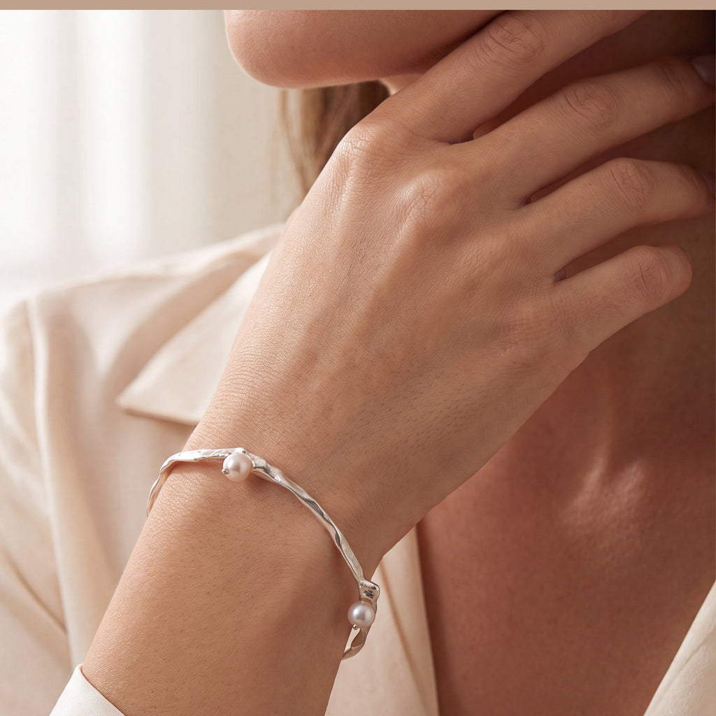 Artisanal Akoya Pearl Adorned Fused Sterling Bangle