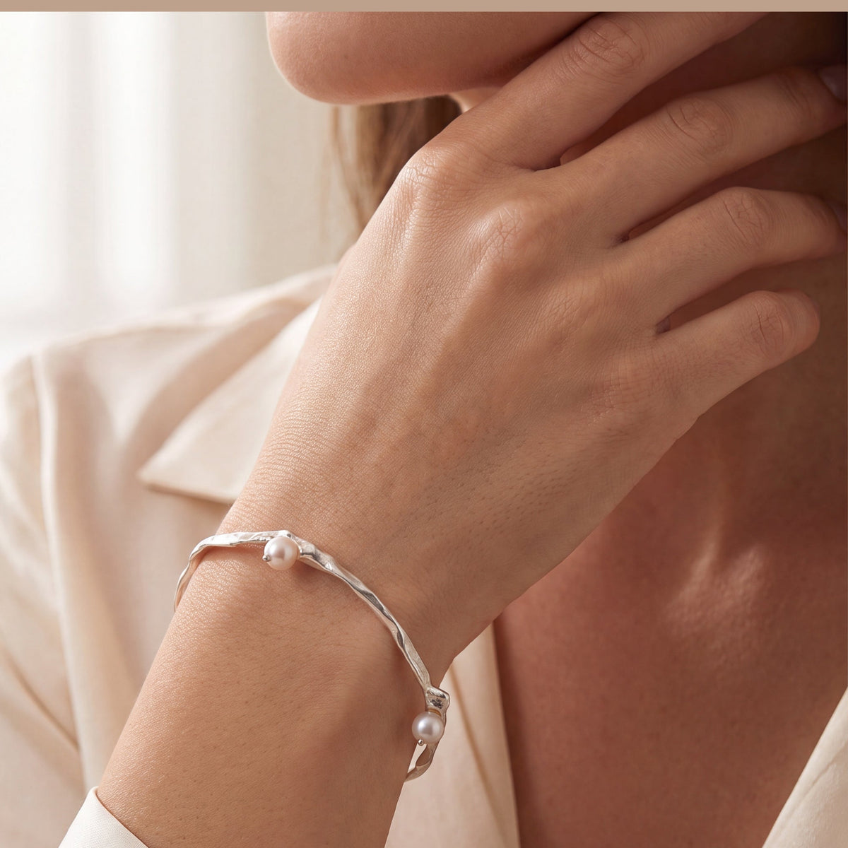 Artisanal Akoya Pearl Adorned Fused Sterling Bangle