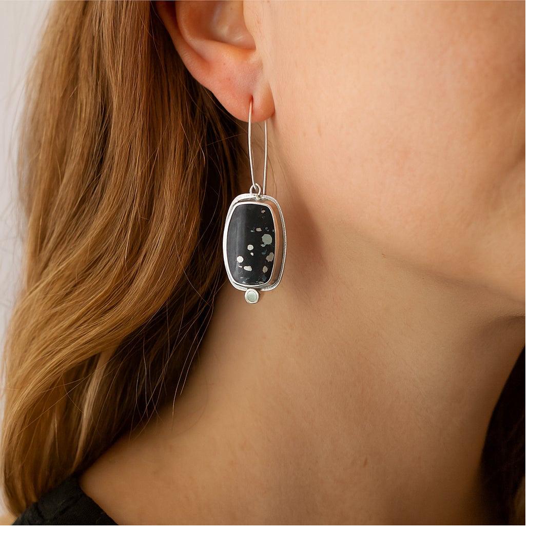 Mysterious Pyrite Slate & Diamond Dangle Earrings
