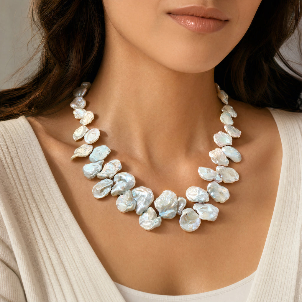Enchanting Keshi Pearl Necklace with Handmade Sterling Oyster Clasp