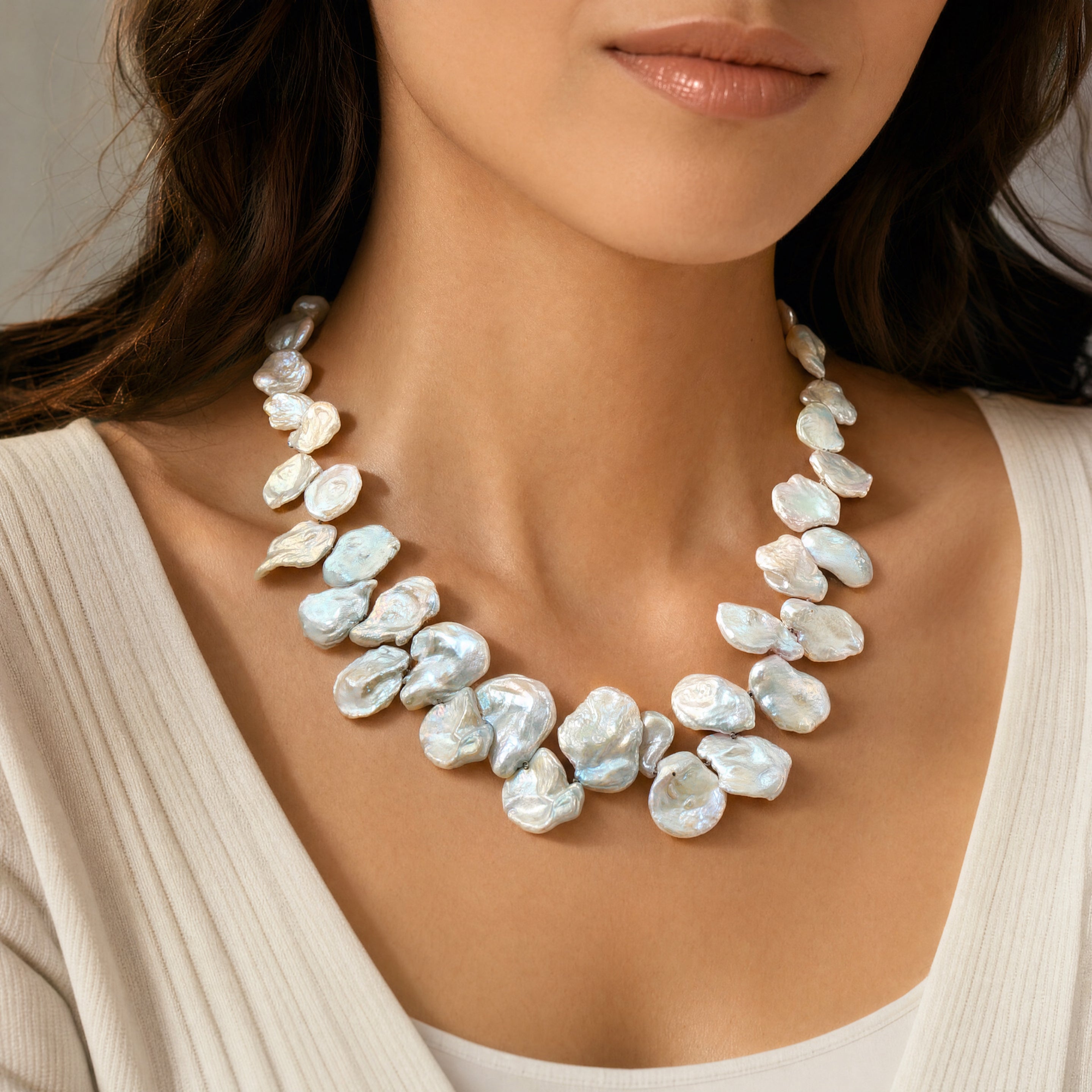 Enchanting Keshi Pearl Necklace with Handmade Sterling Oyster Clasp