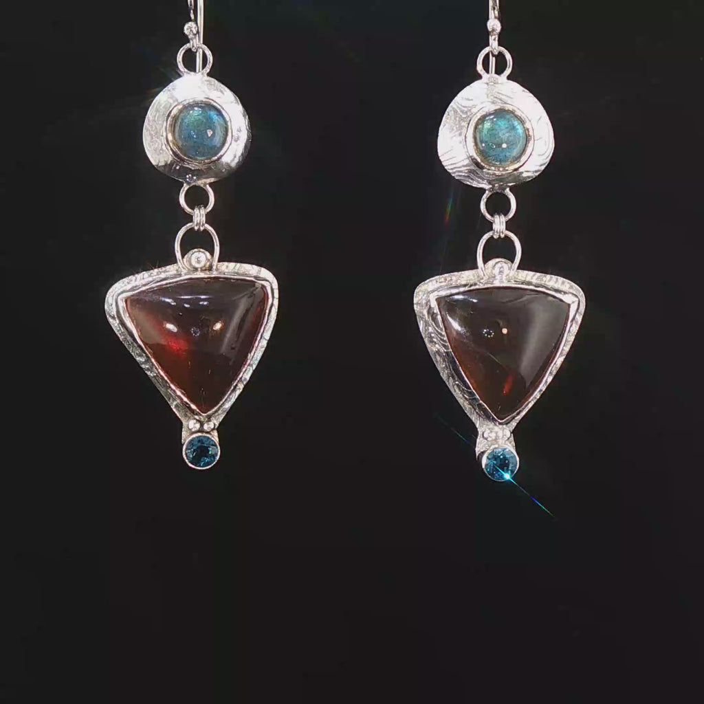 Organic Amber, Labradorite, London Blue Topaz Sterling Dangle Earrings