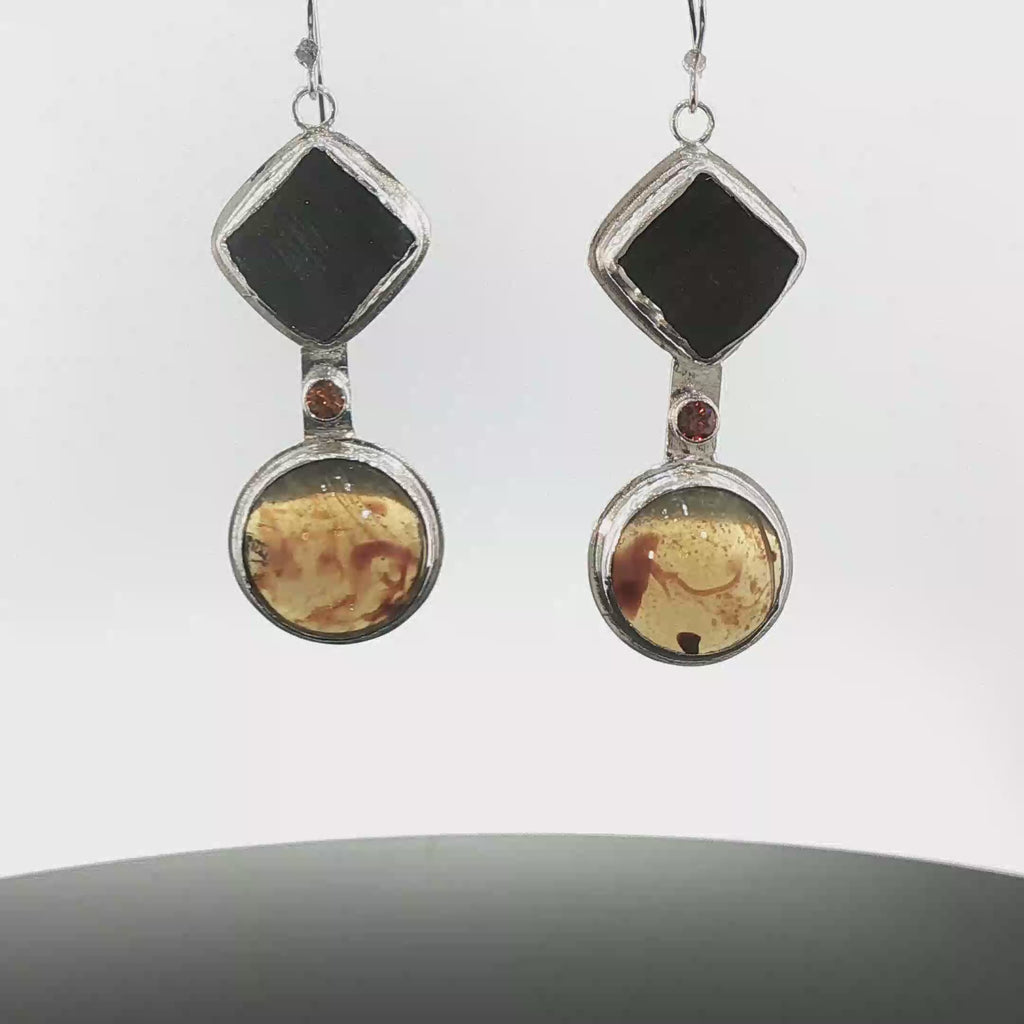 Black Petrified Wood & Amber Geometric Dangle Earrings in Sterling Silver