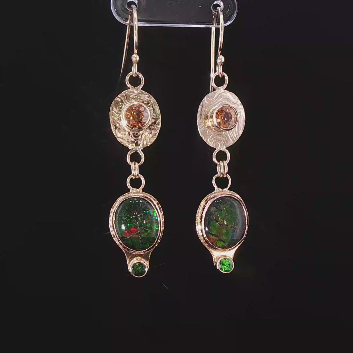 Handmade 14KGold Canadian Ammolite Drop Earrings with Golden Zircon and Tsavorite