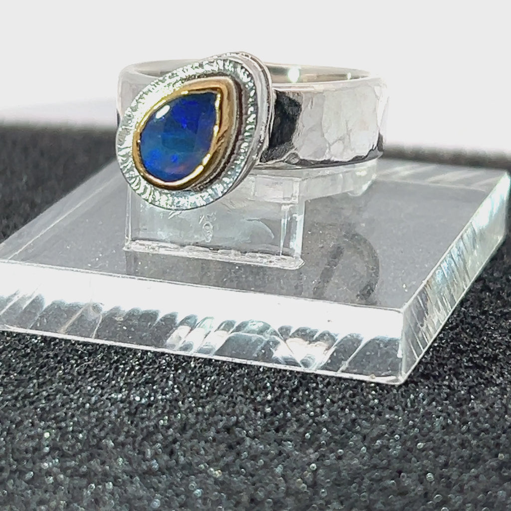 Couple's Blue Lightning Ridge Opal Mixed Metal Rings