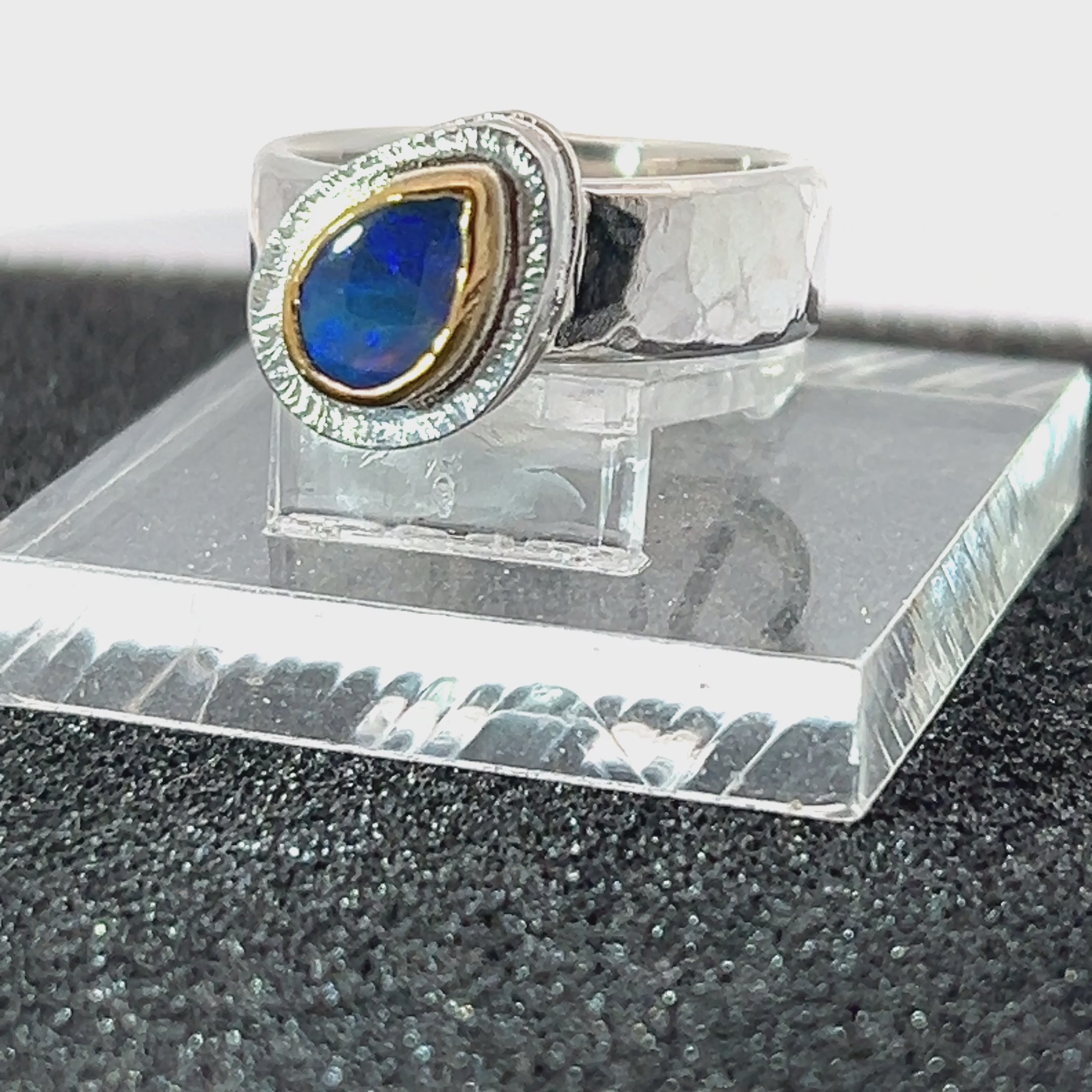 Couple's Blue Lightning Ridge Opal Mixed Metal Rings