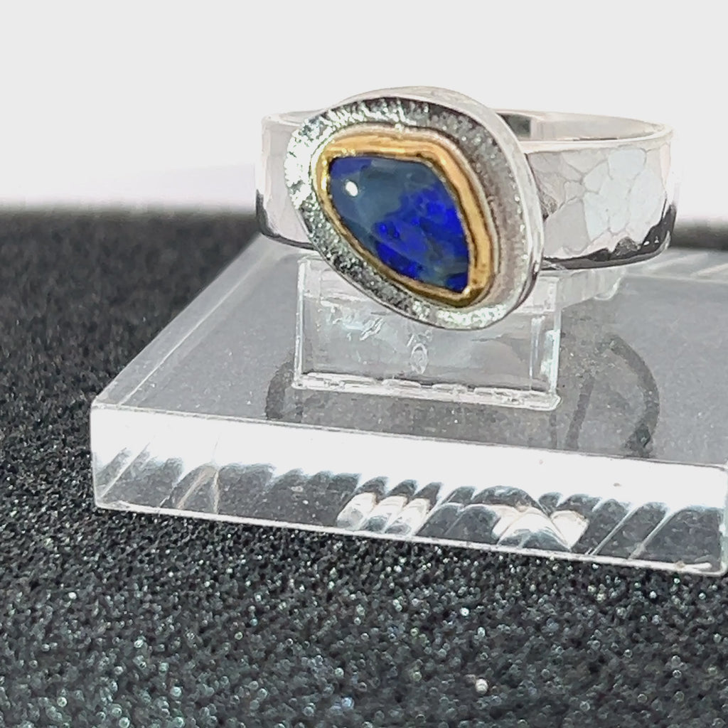 Couple's Blue Lightning Ridge Opal Mixed Metal Rings