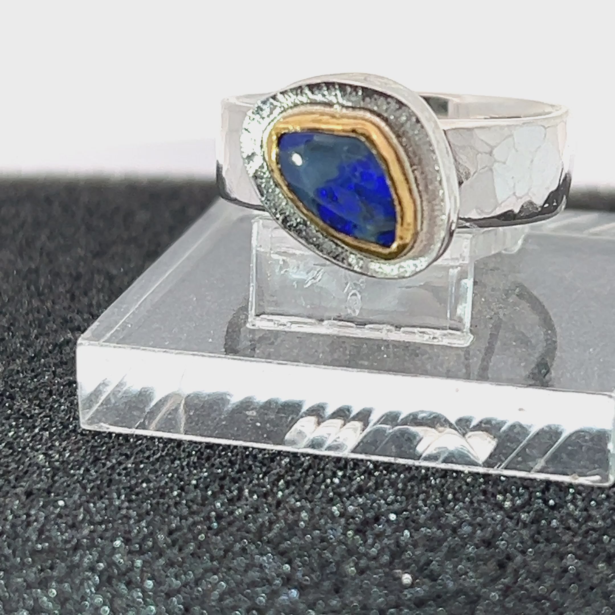 Couple's Blue Lightning Ridge Opal Mixed Metal Rings