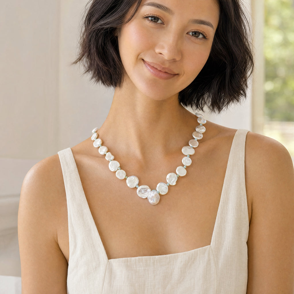 Organic Keshi Pearl and Larimar Hand-Knotted Necklace