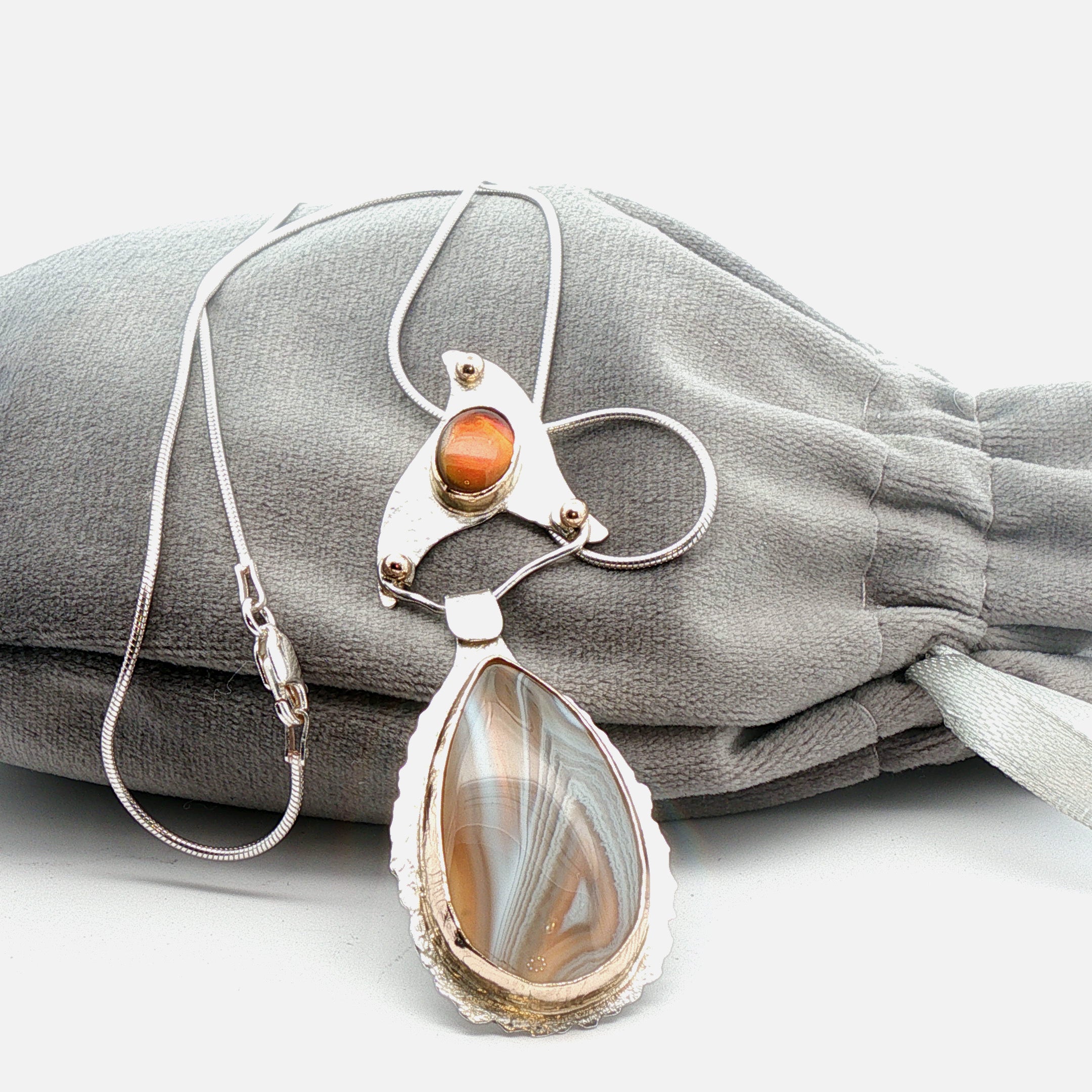 Contemporary Botswana Agate & Fossiled Ammolite,Mixed Metal Pendant
