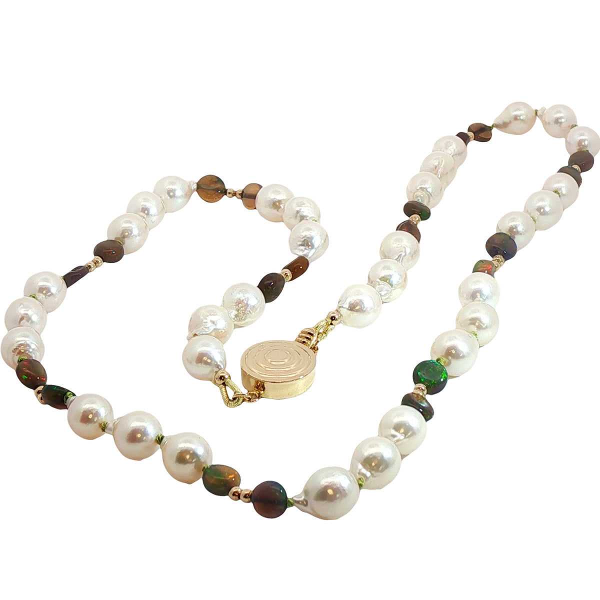 Japanese Baroque Akoya Pearl & Ethiopian Black Opal Station Necklace in 14K Gold