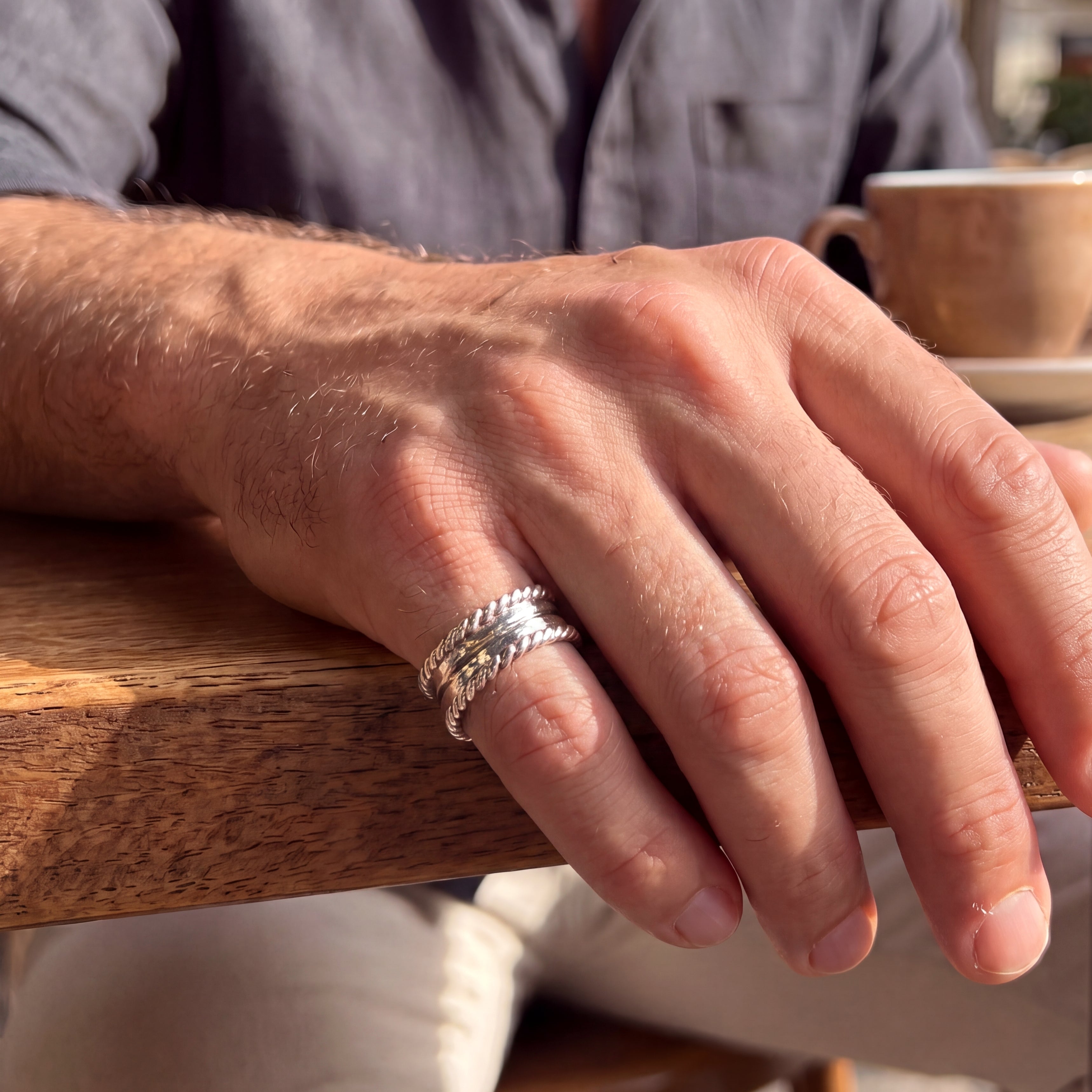 Twisted Border Textured Sterling Silver Band