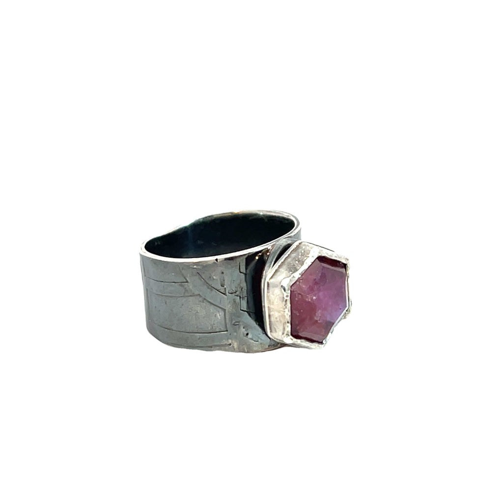Hexagonal Pink Silk Sapphire Textured Sterling Ring
