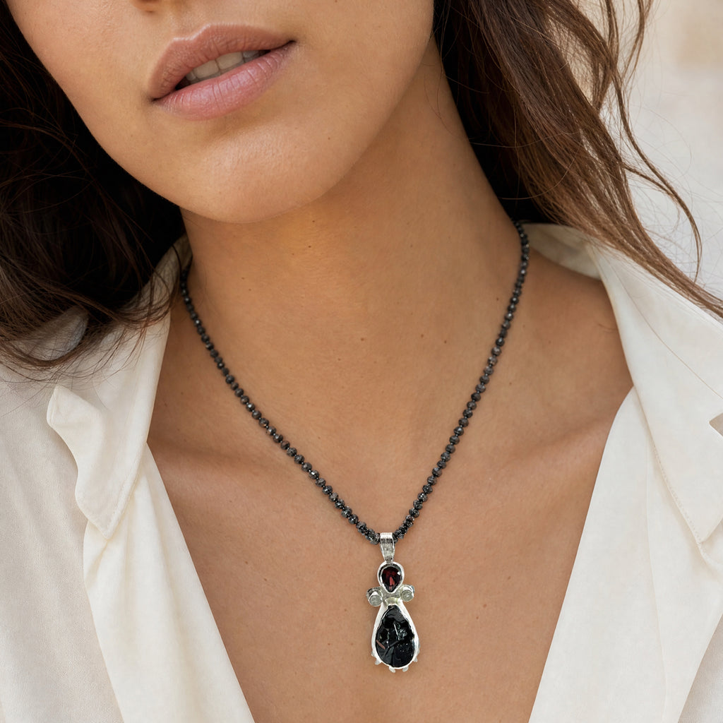 Contemporary, Rare Black Garnet Crystal Rand Diamond Sterling Pendant on Black Diamond Strand