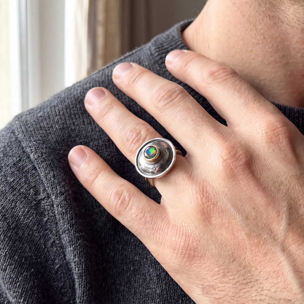 Domed Black Ethiopian Opal, Mixed Metal Statement Ring