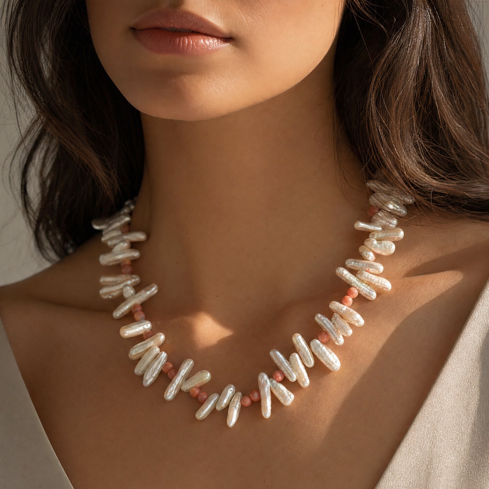Dainty Biwa Pearl and Natural Pink Coral Necklace