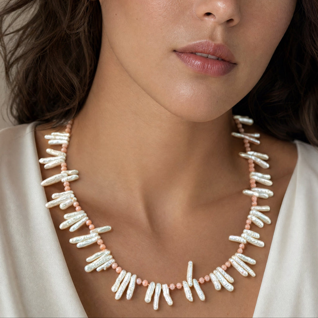 Dainty Biwa Pearl and Natural Pink Coral Necklace